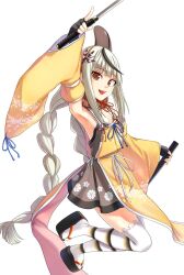 Rule 34 | bare shoulders, braid, detached sleeves, dress, feather hair ornament, feathers, fingerless gloves, floral print, full body, fur collar, gloves, grey dress, grey hair, hair ornament, highres, holding, holding sword, holding weapon, jumping, kurofuti, long hair, long sleeves, low twin braids, multicolored hair, open mouth, platform footwear, pointing, pointing up, scabbard, sheath, smile, streaked hair, sword, tachi (weapon), tenka hyakken, thighhighs, twin braids, weapon, yamatorige ichimonji, yellow dress, yellow eyes
