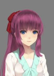 Rule 34 | 1girl, blue bow, blue eyes, blunt bangs, bow, closed mouth, collarbone, grey background, hair bow, hentai kuwa, highres, long hair, looking at viewer, new game!, purple hair, red bow, shirt, sidelocks, simple background, solo, takimoto hifumi, upper body, white shirt