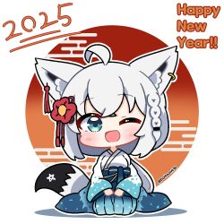 animal_ear_fluff animal_ear_piercing animal_ears blue_kimono braid dohoon fox_ears fox_girl fox_tail gradient_clothes gradient_kimono hair_ornament happy_new_year highres hololive japanese_clothes kimono new_year obi one_eye_closed open_mouth sash seiza shirakami_fubuki shirakami_fubuki_(new_year) single_braid sitting tail virtual_youtuber white_hair white_kimono wide_sleeves