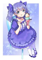 Rule 34 | 1girl, absurdres, blue dress, blue eyes, blue hair, blue ribbon, collarbone, commission, dress, food, from above, hair ribbon, highres, holding, holding food, ice cream, ice cream cone, kanpachi (ill knpch), licking lips, looking up, nijisanji, pantyhose, ribbon, sitting, skeb commission, smile, solo, tongue, tongue out, twintails, virtual youtuber, white pantyhose, yuuki chihiro, yuuki chihiro (1st costume)