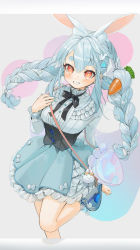 Rule 34 | 1girl, absurdres, animal ear fluff, bag, black bow, black bowtie, blue bow, blue footwear, blue hair, blue ribbon, blue skirt, bobby socks, bow, bowtie, braid, breasts, carrot hair ornament, corset, cropped legs, dress, food-themed hair ornament, foot out of frame, footwear bow, frills, gotou (nekocat), grin, hair ornament, highres, hololive, layered skirt, letterboxed, long hair, looking at viewer, medium breasts, orange eyes, pom pom (clothes), rabbit-shaped pupils, rabbit girl, ribbon, shoes, shoulder bag, simple background, skirt, smile, socks, solo, standing, standing on one leg, symbol-shaped pupils, thick eyebrows, twin braids, twintails, usada pekora, very long hair, virtual youtuber, white background, white dress, white socks