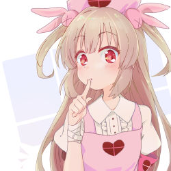 Rule 34 | :o, apron, asamori, bandages, blonde hair, rabbit hair ornament, hair ornament, hand on own face, hat, natori sana, nurse, nurse cap, open mouth, peter pan collar, pink apron, red eyes, sana channel, simple background, solo, two side up, virtual youtuber