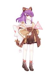 Rule 34 | 1girl, absurdres, ankle boots, anqing, backpack, bag, bag charm, bcy, boots, brown coat, brown footwear, brown skirt, charm (object), coat, cross-laced footwear, flag, full body, highres, holding, holding flag, lace-up boots, long hair, miao jiujiu, ponytail, purple hair, red eyes, skirt, solo, standing, sweater, transparent background, turtleneck, turtleneck sweater, white sweater