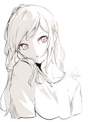 Rule 34 | 1girl, absurdres, collarbone, commentary request, cropped torso, gurifu, highres, long hair, monochrome, original, parted lips, shirt, signature, simple background, solo, spot color, upper body, very long hair, white background