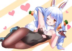Rule 34 | 1girl, ;d, absurdres, animal ear fluff, animal ears, bare shoulders, black leotard, blowing kiss, blue hair, blush, bow, braid, brown eyes, brown gloves, brown pantyhose, carrot hair ornament, commentary request, covered navel, diagonal stripes, don-chan (usada pekora), food-themed hair ornament, fur-trimmed gloves, fur trim, gloves, hair bow, hair ornament, hand up, heart, highres, hololive, leotard, long hair, lying, multicolored hair, on side, one eye closed, open mouth, pantyhose, rabbit ears, rabbit girl, rabbit tail, shibakame, shoes, smile, strapless, strapless leotard, striped, striped background, tail, twin braids, twintails, two-tone hair, usada pekora, usada pekora (1st costume), very long hair, virtual youtuber, white bow, white footwear, white hair