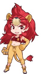 Rule 34 | 1girl, animal costume, animal ear fluff, animal ears, elbow gloves, game cg, gloves, highres, juuou lion (kemono friends), kemono friends, lion costume, lion ears, lion girl, lion tail, long hair, looking at viewer, official art, open mouth, red eyes, red hair, red shirt, shirt, shoes, sleeveless, sleeveless shirt, smile, solo, tachi-e, tail, transparent background, yoshizaki mine