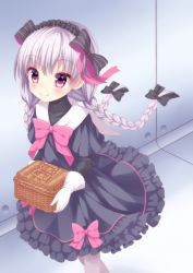 Rule 34 | 10s, 1girl, absurdres, basket, black bow, black dress, blush, bow, braid, closed mouth, commentary request, covered collarbone, doll joints, dress, fate/extra, fate (series), frilled dress, frills, gloves, hair between eyes, hair bow, hakuto momiji, heart, heart in eye, highres, holding, holding basket, indoors, joints, long hair, low twintails, nursery rhyme (fate), pantyhose, pink bow, purple eyes, sailor dress, short sleeves, silver hair, smile, solo, standing, star (symbol), star in eye, striped, striped bow, symbol in eye, twin braids, twintails, very long hair, white dress, white gloves, white pantyhose