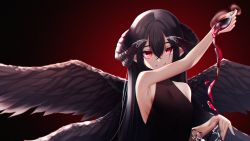 Rule 34 | 1girl, absurdres, alcohol, arm up, black background, black dress, black hair, black wings, breasts, closed mouth, collarbone, commentary, cup, curled horns, demon girl, demon horns, demon wings, dress, drinking glass, feathered wings, gradient background, hair between eyes, highres, holding, holding cup, horns, huge filesize, long hair, looking at viewer, medium breasts, multiple wings, original, pouring, red background, red eyes, sleeveless, sleeveless dress, smile, solo, symbol-only commentary, the cold, upper body, very long hair, wine, wine glass, wings