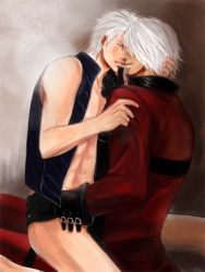 Rule 34 | 2boys, anal, bottomless, capcom, dante (devil may cry), devil may cry (series), incest, male focus, male penetrated, multiple boys, open clothes, open shirt, sex, shirt, siblings, sitting, tagme, twins, vergil (devil may cry), white hair, yaoi