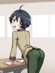 Rule 34 | 10s, 1boy, ahoge, ass, black hair, blush, child, desk, highres, kobayashi yoshio, leaning, leaning forward, looking back, male focus, nagiichi, open mouth, pants, ranpo kitan, short hair, skin tight, smile, solo, tight clothes, tight pants, trap, white background, yellow eyes