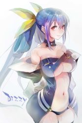Rule 34 | 1girl, bare shoulders, blue hair, breasts, center opening, character name, choker, collarbone, cowboy shot, dizzy (guilty gear), grey background, guilty gear, guilty gear x, guilty gear xx, highres, large breasts, long hair, navel, off shoulder, red eyes, simple background, solo, taishi (picchiridou), twintails, underboob