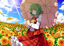 Rule 34 | 1girl, :o, ascot, blush, cloud, cloudy sky, day, e.o., field, flower, flower field, green hair, holding, holding umbrella, juliet sleeves, kazami yuuka, long sleeves, looking at viewer, open clothes, open vest, parasol, petals, plaid, plaid skirt, plaid vest, puffy sleeves, red eyes, short hair, skirt, skirt set, sky, solo, sun, sunflower, sunflower field, sunlight, touhou, umbrella, vest, wind