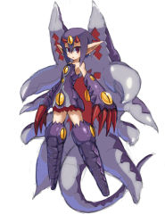 Rule 34 | 1girl, bare shoulders, boots, claws, commentary request, desco (disgaea), disgaea, full body, gloves, hair between eyes, horns, makai senki disgaea 4, monster girl, pointy ears, purple hair, red eyes, short hair, simple background, solo, tail, tentacles, thighhighs, white background, yuusuke (5yusuke3)