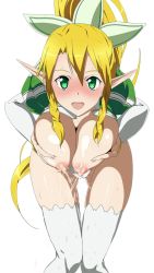 Rule 34 | 10s, 1girl, blonde hair, blush, braid, breast hold, breasts, elf, green eyes, kiiro no nantoka, lactation, large breasts, leafa, leaning forward, long hair, looking at viewer, nipples, open mouth, panties, pointy ears, ponytail, side braid, simple background, solo, sweat, sword art online, thighhighs, twin braids, underwear, white background, white panties