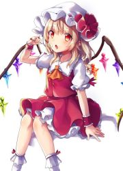 Rule 34 | 1girl, ascot, blonde hair, blush, bobby socks, crystal, flandre scarlet, frilled shirt collar, frills, hat, hat ribbon, kedama milk, looking at viewer, mob cap, open mouth, pointy ears, puffy short sleeves, puffy sleeves, red eyes, red ribbon, red skirt, red vest, ribbon, short sleeves, side ponytail, sitting, skirt, skirt set, socks, solo, spoon, touhou, vest, white background, white socks, wings, wrist cuffs