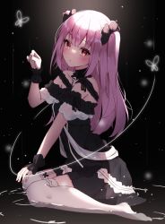 Rule 34 | 1girl, black choker, black dress, blush, choker, dress, fingernails, flat chest, frilled dress, frilled straps, frilled thighhighs, frills, garter straps, highres, hololive, leopon pon, long hair, looking at viewer, nail polish, no shoes, off-shoulder dress, off shoulder, pink hair, pink nails, red eyes, see-through, see-through sleeves, short dress, short sleeves, sitting, solo, thighhighs, two side up, uruha rushia, uruha rushia (3rd costume), virtual youtuber, wariza, white garter straps, white thighhighs, wristband