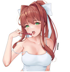 Rule 34 | 1girl, artist name, bare arms, bare shoulders, blush, bow, breasts, brown hair, camisole, cleavage, collarbone, commission, doki doki literature club, green eyes, hair bow, hair intakes, hand up, holding, holding pen, long hair, looking at viewer, matrix16, medium breasts, monika (doki doki literature club), open mouth, pen, photoshop (medium), ponytail, sidelocks, solo, strap slip, tongue, tongue out, upper body, white bow
