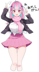 Rule 34 | 1girl, @ @, ahoge, aqua hair, aqua nails, bandaid, bandaid on knee, bandaid on leg, black jacket, blunt bangs, bow, breasts, cat hair ornament, cropped legs, double v, dyed ahoge, earrings, fang, fingernails, flying sweatdrops, hair bow, hair ornament, hairclip, haseneko, heart, heart earrings, highres, hololive, jacket, jewelry, knees, large breasts, legs, long hair, long sleeves, looking at viewer, minato aqua, minato aqua (school uniform), multicolored hair, nail polish, nervous smile, open mouth, pink bandaid, pink eyes, pink hair, pink skirt, pink trim, purple bow, shirt, simple background, skin fang, skirt, sleeves past wrists, smile, solo, streaked hair, thighs, two-tone hair, two side up, v, virtual youtuber, white background, white shirt, x hair ornament