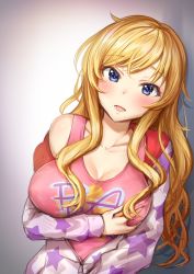 Rule 34 | 10s, 1girl, blonde hair, blue eyes, blush, breast hold, breasts, cleavage, collarbone, commentary request, highres, idolmaster, idolmaster cinderella girls, large breasts, leaning to the side, long hair, looking at viewer, ohtsuki yui, open mouth, pink shirt, purple sweater, shirt, solo, star (symbol), star print, sweater, takeashiro