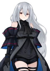 Rule 34 | 1girl, absurdres, arknights, ascot, bare shoulders, black ascot, black gloves, black pants, breasts, clothing cutout, commentary request, cowboy shot, gloves, grey hair, hair between eyes, highres, large breasts, leggings, long hair, looking at viewer, no headwear, pants, rain (rain8649), red eyes, simple background, skadi (arknights), skadi (elite ii) (arknights), solo, standing, thigh cutout, thighs, very long hair, white background