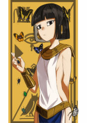 Rule 34 | 1girl, arm behind back, beetle, black eyes, black hair, bracelet, breasts, bug, butterfly, earrings, egyptian, egyptian clothes, expressionless, hieroglyphics, highres, insect, jewelry, larry (anjisbai), looking at viewer, original, rhinoceros beetle, scarab, sideboob, small breasts, usekh collar