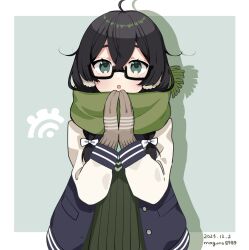 Rule 34 | 1girl, ahoge, binchou maguro, black hair, black jacket, blazer, border, bow, brown gloves, cevio, commentary, crossed bangs, dated, drop shadow, earmuffs, enpera, glasses, gloves, green background, green eyes, green scarf, green sweater, hair bow, hair over shoulder, hanakuma chifuyu, hands up, highres, jacket, long sleeves, looking at viewer, low twintails, multicolored clothes, multicolored jacket, multiple hair bows, open clothes, open jacket, outside border, ribbed sweater, scarf, school uniform, semi-rimless eyewear, simple background, solo, straight-on, sweater, symbol-only commentary, synthesizer v, twintails, twitter username, two-tone jacket, white border, white bow, white sleeves