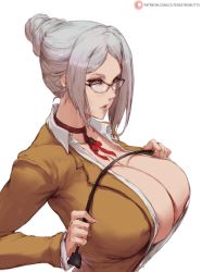 Rule 34 | 10s, 1girl, areola slip, breasts, cleavage, cutesexyrobutts, glasses, grey hair, highres, huge breasts, jacket, looking at viewer, prison school, riding crop, school uniform, shiraki meiko, simple background, solo