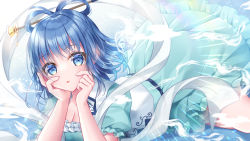 Rule 34 | 1girl, bloom, blue dress, blue eyes, blue hair, blush, breasts, cleavage, dress, glint, hagoromo, hair ornament, hair rings, hair stick, hands on own cheeks, hands on own face, hands up, highres, kaku seiga, kohinata hoshimi, light particles, looking at viewer, medium breasts, open clothes, open mouth, open vest, puffy short sleeves, puffy sleeves, shawl, short sleeves, solo, touhou, vest, white vest, wing collar