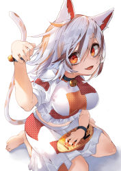 Rule 34 | 1girl, :d, absurdres, animal ears, barefoot, bell, black collar, bracelet, breasts, cat ears, cat tail, coin, collar, commentary request, fang, goutokuji mike, hair between eyes, hand up, highres, jewelry, jingle bell, large breasts, light blush, looking at viewer, maneki-neko, medium hair, multicolored hair, muraryo, open mouth, orange eyes, paw pose, seiza, shirt, silver hair, simple background, sitting, skirt, smile, solo, streaked hair, tail, touhou, white background, white shirt, white skirt