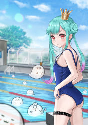Rule 34 | 1girl, absurdres, angry, aqua hair, ass, asymmetrical hair, blue one-piece swimsuit, blurry, blurry background, blush, bridal garter, colored tips, cowboy shot, crown, double bun, fandead (uruha rushia), flat chest, from behind, from side, ghost, hair bun, highres, hololive, looking at viewer, multicolored hair, new school swimsuit, nori chazuke, one-piece swimsuit, oversized clothes, pink hair, pool, poolside, red eyes, school swimsuit, solo focus, swimsuit, twintails, twisted torso, uneven twintails, uruha rushia, virtual youtuber