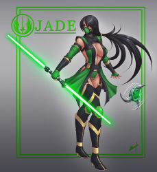 Rule 34 | 1girl, absurdres, black hair, boots, bracer, breasts, center opening, character name, cleavage, commentary, crossover, dark-skinned female, dark skin, detached sleeves, energy sword, english commentary, fighting stance, fingerless gloves, gloves, green footwear, hair between eyes, hair tie, highres, holding, holding weapon, jade (mortal kombat), jedi, karosu maker, lightsaber, long hair, looking to the side, mask, midway, mortal kombat (series), mouth mask, ninja, ponytail, saberstaff, shuriken, signature, simple background, solo, star wars, sword, thigh boots, thighhighs, very long hair, weapon
