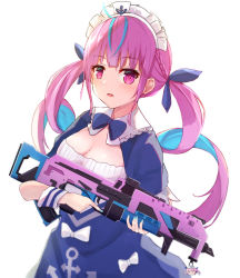 Rule 34 | 1girl, anchor print, anchor symbol, apex legends, assault rifle, breasts, cleavage, colored inner hair, dress, frills, gun, highres, holding, holding gun, holding weapon, hololive, looking at viewer, maid, maid headdress, medium breasts, minato aqua, minato aqua (1st costume), multicolored hair, nail polish, puffy short sleeves, puffy sleeves, purple eyes, purple hair, rifle, short sleeves, shuuzo3, solo, trigger discipline, virtual youtuber, weapon