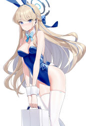 Rule 34 | 1girl, animal ears, bare shoulders, blonde hair, blue archive, blue eyes, blue leotard, blush, breasts, briefcase, cleavage, commentary request, detached collar, earpiece, fake animal ears, fake tail, hair ribbon, halo, highleg, highleg leotard, highres, holding case, leotard, long hair, looking at viewer, medium breasts, official alternate costume, playboy bunny, rabbit ears, rabbit tail, ribbon, ririko (zhuoyandesailaer), solo, strapless, strapless leotard, tail, thighhighs, thighs, toki (blue archive), toki (bunny) (blue archive), very long hair, white thighhighs, wrist cuffs