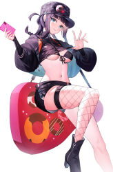 Rule 34 | 1girl, badge, baseball cap, bikini, bikini under clothes, black bikini, black jacket, black shirt, blue eyes, blush, boots, breasts, button badge, camouflage, camouflage headwear, cellphone, cleavage, clothes lift, commentary request, cropped jacket, cropped shirt, fate/grand order, fate (series), fishnet thighhighs, fishnets, hair ornament, hat, highres, holding, holding phone, instrument case, jacket, jacket lift, leaf hair ornament, long hair, long sleeves, looking at viewer, medium breasts, phone, puffy long sleeves, puffy sleeves, purple hair, ririko (zhuoyandesailaer), shirt, sidelocks, simple background, single thighhigh, smile, solo, swimsuit, thighhighs, thighs, white background, yang guifei (event portrait) (fate), yang guifei (fate)