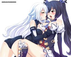 Rule 34 | 2girls, ass, bare shoulders, black hair, black heart (neptunia), blue hair, blush, boots, grabbing another&#039;s breast, breasts, cameltoe, closed eyes, dress, dual persona, elbow gloves, french kiss, gloves, grabbing, hair ribbon, hinghoi, kiss, long hair, multiple girls, neptune (series), noire (neptunia), open mouth, red eyes, ribbon, selfcest, shiny clothes, shiny skin, sideboob, skirt, tongue, tongue out, twintails, very long hair, white hair, yuri