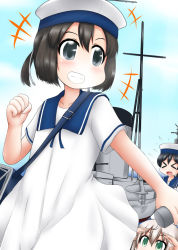 Rule 34 | &gt; &lt;, 3girls, black eyes, black hair, blue sailor collar, closed eyes, daitou (kancolle), dress, green eyes, grin, hat, hiburi (kancolle), kantai collection, machinery, multiple girls, open mouth, ouno (nounai disintegration), sailor collar, sailor dress, sailor hat, shimushu (kancolle), shimushu pose, short hair, short sleeves, silver hair, smile, solo focus, wavy mouth, white dress, white hat