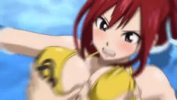 Rule 34 | 1boy, 1girl, angry, animated, animated gif, bikini, blue hair, blush, grabbing another&#039;s breast, breasts, erza scarlet, fairy tail, grabbing, hetero, jellal fernandes, large breasts, lowres, mask, open mouth, ponytail, pool, red hair, swimsuit, tattoo, water