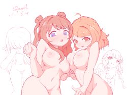 Rule 34 | 4girls, absurdres, ahoge, breasts, brown hair, cleft of venus, commentary request, completely nude, covering own eyes, dated, fujita kotone, gakuen idolmaster, hanami saki, hanami ume, highres, idolmaster, large breasts, looking at viewer, multiple girls, navel, nipples, nude, opusal (yhgw8837), orange hair, partially colored, signature, stomach, tsukimura temari, uncensored, white background