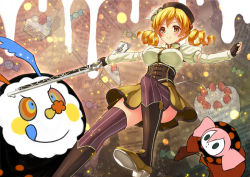 Rule 34 | 10s, 1girl, :q, beret, blonde hair, boots, breasts, cake, charlotte (madoka magica), corset, detached sleeves, drill hair, fingerless gloves, food, fruit, gloves, gun, hair ornament, hat, large breasts, magical girl, magical musket, mahou shoujo madoka magica, mahou shoujo madoka magica (anime), pleated skirt, shimashima salmon, shirt, skirt, smile, strawberry, striped clothes, striped thighhighs, taut clothes, taut shirt, thighhighs, tomoe mami, tongue, tongue out, vertical-striped clothes, vertical-striped thighhighs, weapon