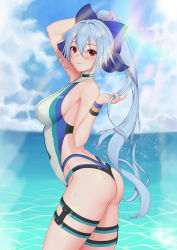 Rule 34 | 1girl, arm up, ass, baeg mi, blue bow, blue hair, blue sky, bow, breasts, bridal garter, cloud, competition swimsuit, day, fate/grand order, fate (series), hair between eyes, hair bow, highleg, highres, long hair, looking at viewer, medium breasts, ocean, one-piece swimsuit, outdoors, ponytail, red eyes, sky, solo, standing, sunlight, swimsuit, tomoe gozen (fate), tomoe gozen (swimsuit saber) (fate), tomoe gozen (swimsuit saber) (first ascension) (fate), wet