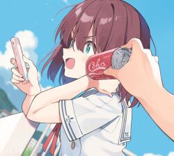 Rule 34 | 1boy, 1girl, :d, blue sky, blush, brown hair, can, can to cheek, cellphone, cloud, coca-cola, commentary request, day, from side, green eyes, hair between eyes, holding, holding can, holding phone, nirareba, open mouth, original, outdoors, phone, railing, sailor collar, school uniform, serafuku, shirt, short sleeves, sky, smile, solo focus, upper body, v-shaped eyebrows, white sailor collar, white shirt