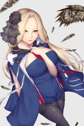Rule 34 | 1girl, arm at side, arm between breasts, azur lane, black flower, black pantyhose, black rose, blonde hair, blue cloak, blue dress, blush, breasts, bunker hill (azur lane), cloak, closed mouth, clothes writing, cowboy shot, dress, feathers, flower, grey background, hair ornament, high collar, highres, large breasts, long hair, looking at viewer, necktie, orange eyes, pantyhose, parted bangs, pink lips, purple pantyhose, red necktie, rose, shiro usagi, short dress, sidelocks, simple background, solo, thigh strap, very long hair
