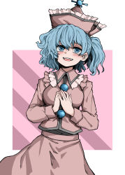 Rule 34 | 1girl, :d, blue hair, border, breasts, collarbone, fe (tetsu), highres, long sleeves, medium breasts, merlin prismriver, one side up, open mouth, own hands together, pink background, pink headwear, pink shirt, shirt, short hair, smile, solo, touhou, white border