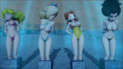 Rule 34 | 4girls, arms behind back, asphyxiation, bikini, blonde hair, blue bikini, blue eyes, bound ankles, breasts, brown hair, cleavage, closed eyes, crown, donkey kong (1981 game), donkey kong (series), drowning, earrings, hair over one eye, highres, holding breath, jewelry, legs, lipstick, long hair, makeup, mario (series), medium breasts, midriff, multiple girls, nail polish, navel, nintendo, nipples, one-piece swimsuit, orange one-piece swimsuit, pauline (mario), pink bikini, princess daisy, princess peach, red bikini, reds mmd, restrained, rosalina, scared, struggling, super mario bros. 1, super mario galaxy, super mario land, swimsuit, thighs, underwater, wardrobe malfunction