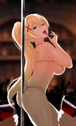 Rule 34 | 1girl, 2others, ass, back, between buttocks, bikini, blonde hair, blue eyes, blurry, blurry background, breasts, crowd, cup, darkness (konosuba), drinking glass, fellatio gesture, hair between eyes, hair ornament, half-closed eyes, high ponytail, highres, in heat, kono subarashii sekai ni shukufuku wo!, large breasts, long hair, looking at viewer, micro bikini, multiple others, naughty face, open mouth, pole, ponytail, pov, pov hands, seductive gaze, sexually suggestive, sideboob, solo, spaceroo, stripper pole, sweat, swimsuit, tongue, tongue out, very long hair, wine glass, x hair ornament