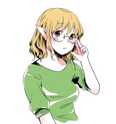 Rule 34 | 1girl, adjusting eyewear, alternate costume, bespectacled, black-framed eyewear, blonde hair, blush, breasts, chikuwa coffee (milk soda), closed mouth, commentary request, expressionless, glasses, green eyes, green shirt, highres, looking at viewer, medium bangs, medium breasts, mizuhashi parsee, pointy ears, round eyewear, shirt, short hair, short sleeves, simple background, solo, t-shirt, touhou, upper body, white background