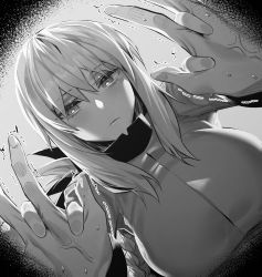 Rule 34 | !, 1boy, 1girl, absurdres, braid, breasts, closed mouth, fate/grand order, fate (series), fingernails, florence nightingale (fate), fujimaru ritsuka (male), greyscale, hair between eyes, highres, hxd, interlocked fingers, large breasts, long hair, looking at viewer, monochrome, pov, sidelocks, spoken exclamation mark, trembling, veins