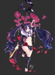 Rule 34 | 10s, 1girl, animal ears, animal hands, barefoot, bell, belt, bikini, bikini top only, black eyes, black hair, blade &amp; soul, cat ears, collar, cropped jacket, curly hair, flat chest, flower, full body, fur trim, highres, jingle bell, long hair, lyn (blade &amp; soul), midriff, navel, open mouth, petals, rissu, shin guards, short shorts, shorts, solo, standing, standing on one leg, swimsuit, sword, tail, twintails, very long hair, weapon