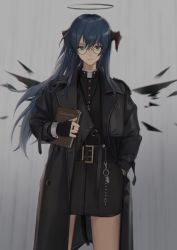 Rule 34 | 1girl, absurdres, alternate costume, arknights, belt buckle, black coat, black dress, blue eyes, blue hair, book, buckle, cjmy, coat, commentary request, cowboy shot, cross, cross necklace, dress, glasses, grey background, halo, hand in pocket, highres, holding, holding book, horns, jewelry, long hair, long sleeves, looking at viewer, mostima (arknights), necklace, necronomicon, parted lips, ring, solo, standing