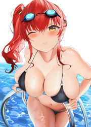 Rule 34 | 1girl, absurdres, azur lane, bare arms, bare shoulders, bikini, black bikini, blush, breast rest, breasts, cleavage, closed mouth, collarbone, curvy, frown, goggles, goggles on head, highres, large breasts, leaning forward, long hair, looking at viewer, neneneji, o-ring, o-ring bikini, official alternate costume, one eye closed, pool, red hair, side ponytail, sidelocks, solo, stomach, swimsuit, thighs, wet, white background, wink, yellow eyes, zara (azur lane), zara (poolside coincidence) (azur lane)